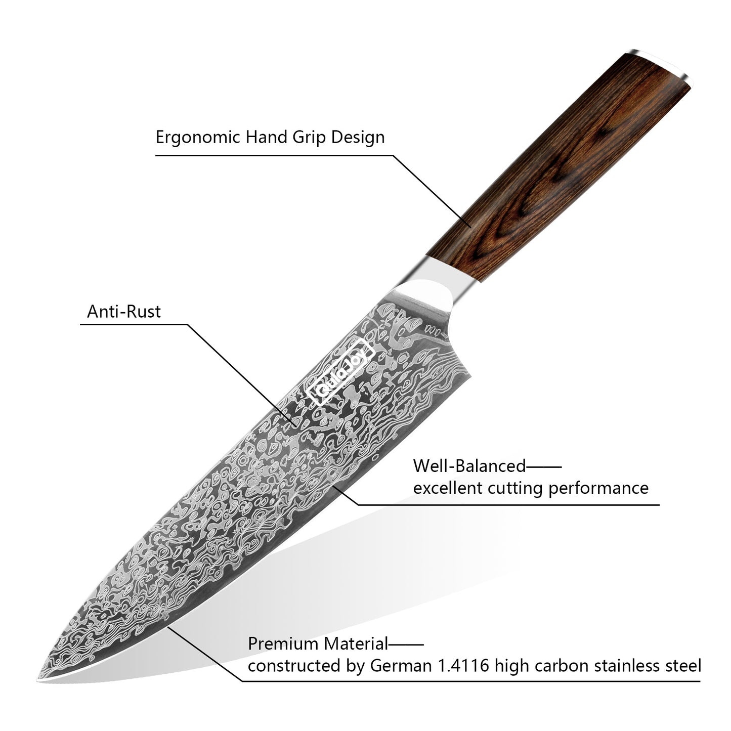 Qulajoy Japanese Chef Knife Kitchen Knife High Carbon German Steel Cooking Knives Damascus Pattern Japanese Knife With Ergonomic Handle For Home Kitchen Outdoor